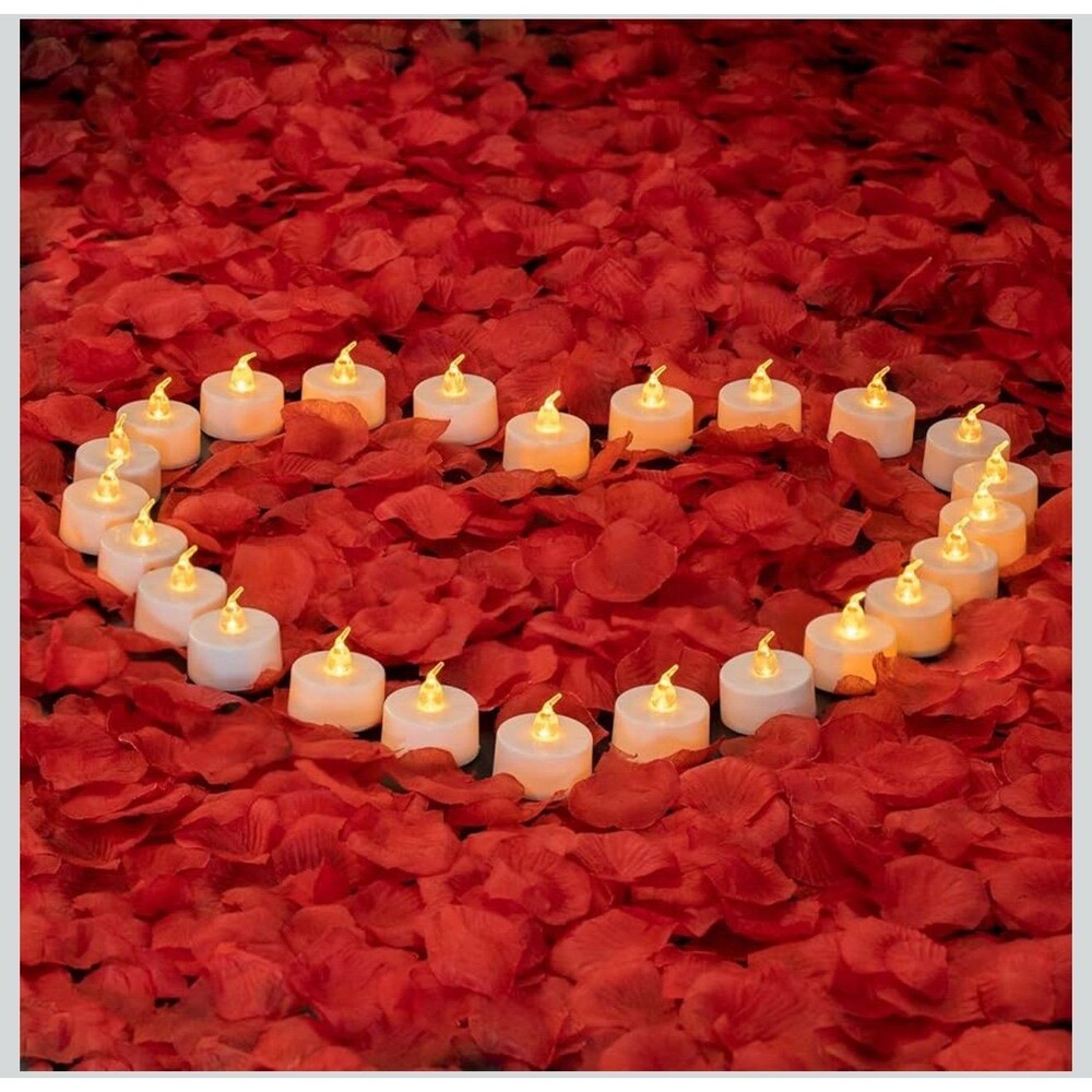 New, 500 Pcs Red Rose Petals with 23 Pcs Flickering Amber Yellow Candles